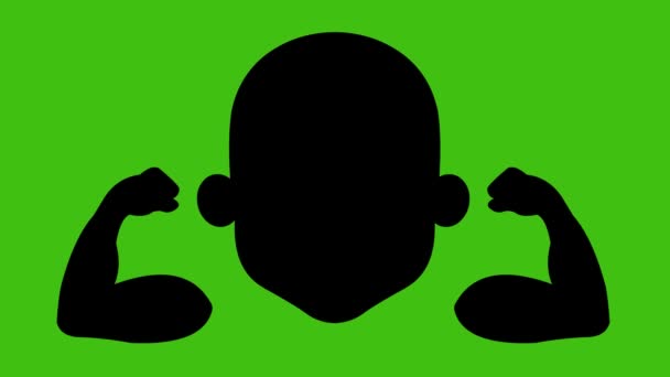 Кольцевая анимация черного силуэта человека, сгибающего руки и стягивающего бицепсы, на зеленом фоне хроматического ключа - Кадры, видео