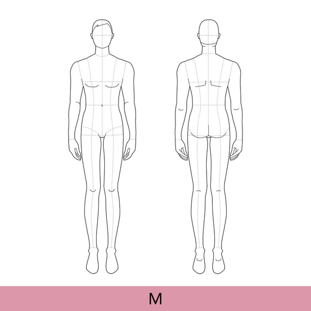 Set of M Size Men Fashion template 9 head medium Croquis with main lines Gentlemen model figure front, back view. Vector isolated sketch outline boy for Fashion Design, Illustration, technical drawing - Vector, imagen