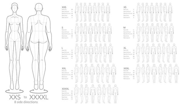 Set of Women XXS XS S M L XL XXL XXXL XXXXL sizes Fashion template Croquis Lady model skinny Curvy body figure front, side, 3-4, back view. Vector girl for Fashion Design, clothes, technical drawing - Vektor, kép