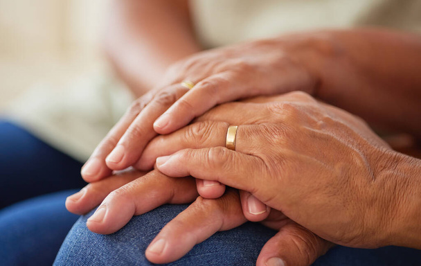 Couple holding hands for support and love, gratitude for help and support and kindness in retirement in home. Elderly friends or senior people with respect, community and hope in marriage. - Photo, Image