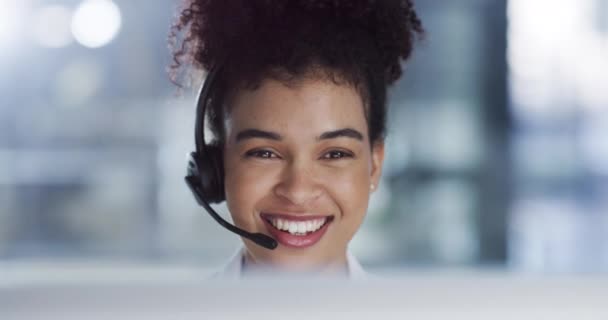 Call center, customer service or contact us support worker with computer in office working on crm consulting. Smile, face or happy latino receptionist, telemarketing woman or communication consultant. - Video