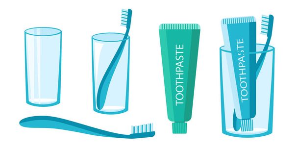 Collection set of oral hygiene tool toothpaste toothbrush - Vettoriali, immagini