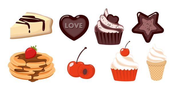 Collection set of dessert object cheese cake pancake chocolate muffin cookie cherry strawberry - Vector, Image