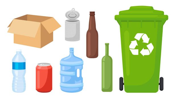 Συλλογή σετ από ανακυκλωμένα σκουπίδια κάδο απορριμμάτων πλαστικό μπουκάλι χάρτινο κουτί μπορεί γυάλινη φιάλη - Διάνυσμα, εικόνα
