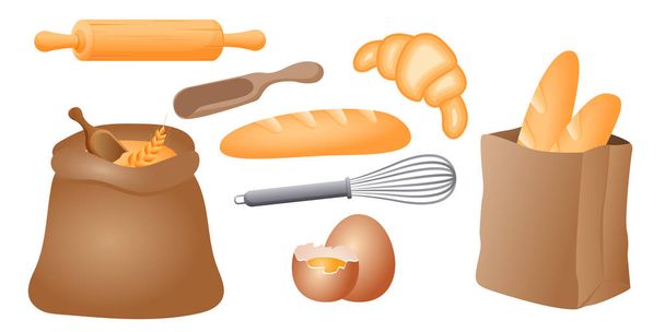 Collection set of wheat bread object croissant loaf stick wooden rolling pin egg beater - Vector, afbeelding