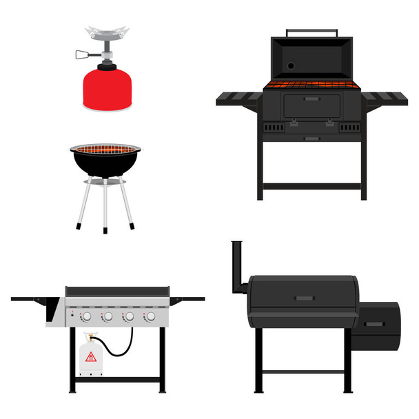 Different types BBQ barbecue grills isolated vector set. Charcoal, gas, smoker grill  vector illustration. BBQ party, traditional cooking food, restaurant menu icons - Vektör, Görsel