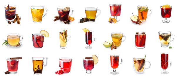 Set of tasty hot beverages on white background - Valokuva, kuva