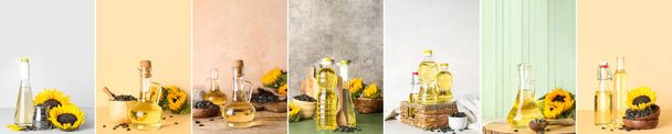 Collage with sunflower oil and seeds on table - Foto, imagen