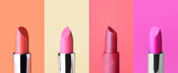 Set of beautiful lipsticks on colorful background, closeup - Foto, imagen