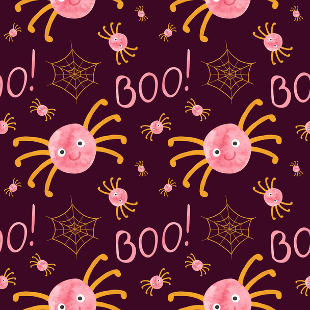 Παιδιά Απόκριες αδιάλειπτη μοτίβο με ροζ αράχνες και πορτοκαλί ιστούς αράχνης. Χαριτωμένο παιδικό ψηφιακό χαρτί scrapbooking σε λευκό φόντο. - Φωτογραφία, εικόνα