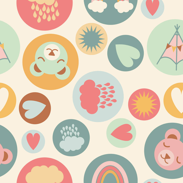 Rainbows, clouds, suns, raindrops, tents, hearts and buntings seamless repeat pattern on light yellow background for kids. The motifs are inside of circles. Suitable for clothes, nursery, fabric, home - Vector, imagen