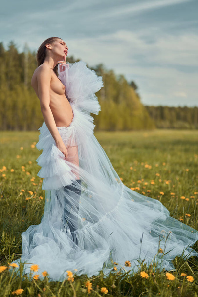 Young beautiful lady in a white wedding dress. Sexy blonde in a chic classic dress posing in nature. Portrait of nude naturist. Summer sunny day. Beautiful landscape. - Foto, afbeelding