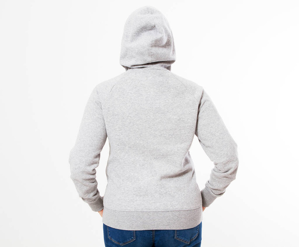 beautiful women Gray pullover hoodie mockup, Woman in gray hoodie, template for your own design, girl wearing blank grey hoodie on white background - back view - 写真・画像