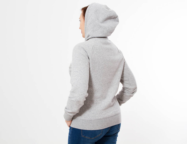 pretty woman in gray pullover hoodie mockup - back view - 写真・画像