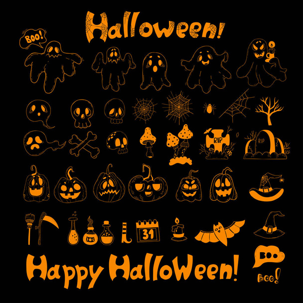 Big set Halloween doodles. Jack pumpkin, ghost, web, grave, skull, broom and scythe, bat, witch hat, potion and magic fly agaric. Isolated Vector linear hand drawn for decor, design and decoration - Vector, imagen