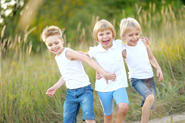 trzech dzieci bawiące się na łące w lecie - Zdjęcie, obraz