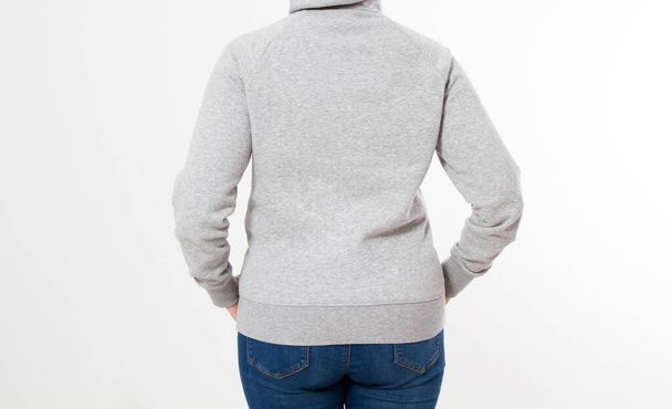 pretty woman in gray pullover hoodie mockup - back view - Zdjęcie, obraz