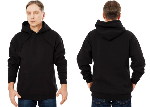 Man hoody set, black hoody front and back view, hood mock up. Empty male hoody copy space. Front and rear background - Photo, Image