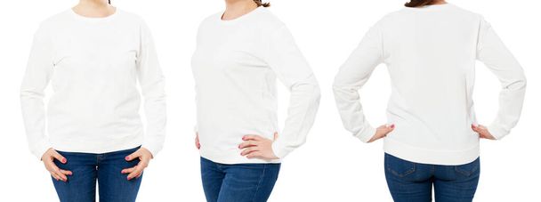 Порожній білий светр макет встановлений ізольовано, спереду, ззаду і збоку. Жінка носить білий пуловер маскування. Проста презентація дизайну капота. Текстильна біла вільна загальна модель. Пуловер для друку
 - Фото, зображення