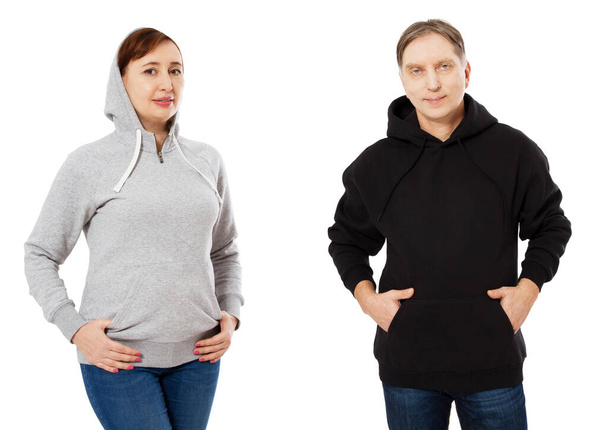 Couple wearing hoody. man has black hoodie. Woman has grey hoodie - Photo, Image