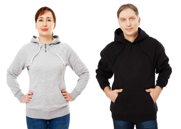 Woman and man in hoodie mock up isolated on white background copy space template. Empty sweatshirt blank template - Photo, Image