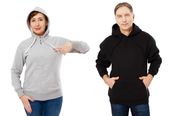 Femme et homme en sweat à capuche se maquillent isolés sur fond blanc copie modèle d'espace. Sweat-shirt vide modèle vierge - Photo, image