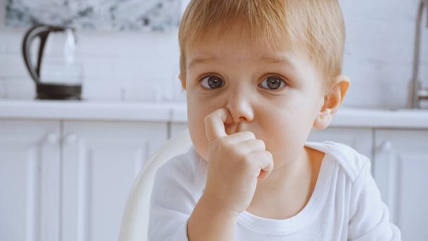 close up of toddler boy picking his nose and looking at camera at home - Foto, afbeelding