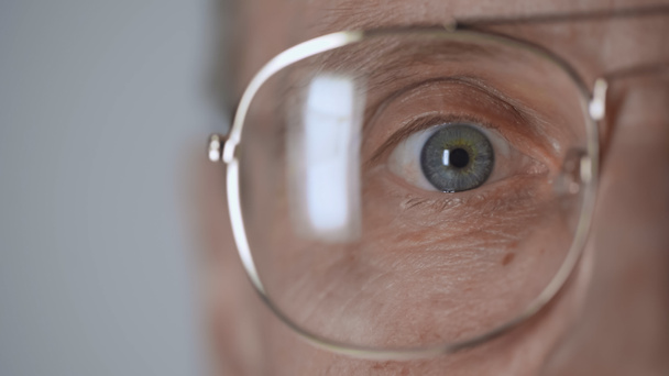 cropped view of middle aged man with blue eye and eyeglasses looking at camera isolated on grey  - Fotografie, Obrázek