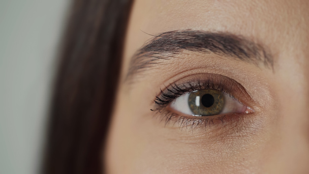 close up view of woman with hazel eye and mascara on eyelashes looking at camera isolated on grey - Photo, image