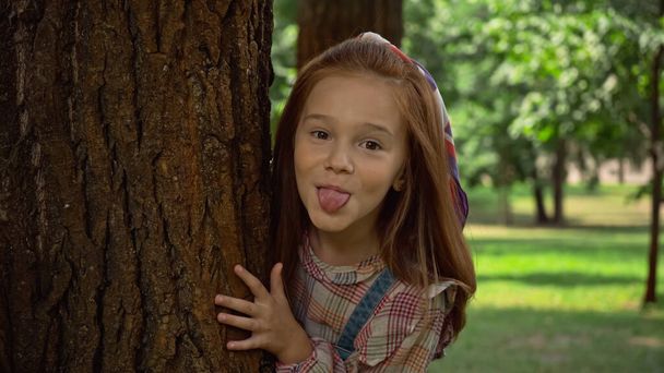 Червоне волосся дівчина стирчить язик біля дерева в парку
  - Фото, зображення