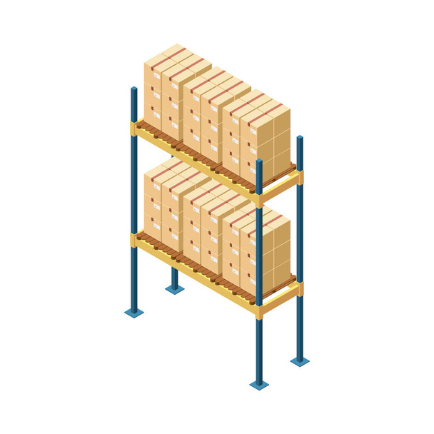 Металлическая стойка со стопками картонных коробок на складе 3d изометрическая векторная иллюстрация - Вектор,изображение