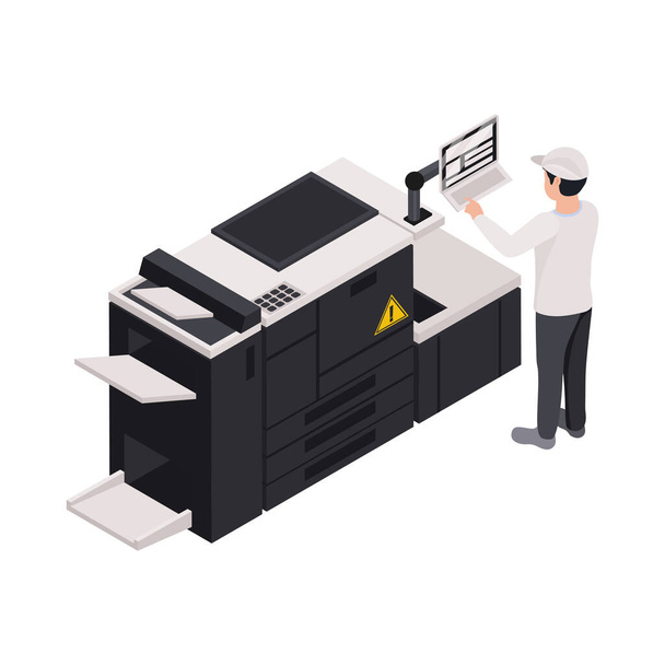 Друкарня ізометрична іконка з принтерним обладнанням та працівник 3d Векторні ілюстрації
 - Вектор, зображення