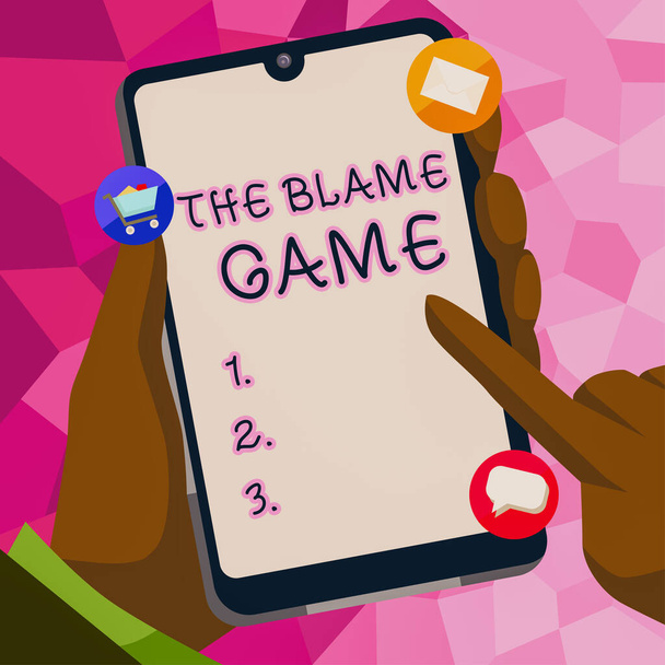 Tekst pokazujący inspirację The Blame GameA sytuacja, w której ludzie próbują winić się nawzajem, Word for A sytuacja, gdy pokazują próbę obwiniania się nawzajem - Zdjęcie, obraz