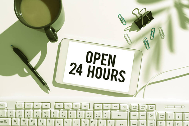 Inspiration showing sign Open 24 Hours, Word for Working all day everyday business store always operating Businessman Pointing At Glass And Showing New Ideas To Achieve Goals. - Photo, Image
