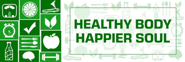 Здорове тіло Happier Soul концептуальне зображення з текстом і символами здоров'я
. - Фото, зображення