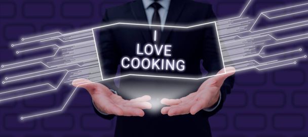 Κείμενο λεζάντα παρουσίαση I Love Cooking, Λέξη για έχοντας αγάπη για τις μαγειρικές τέχνες προετοιμάσει τα τρόφιμα και επιδόρπια - Φωτογραφία, εικόνα