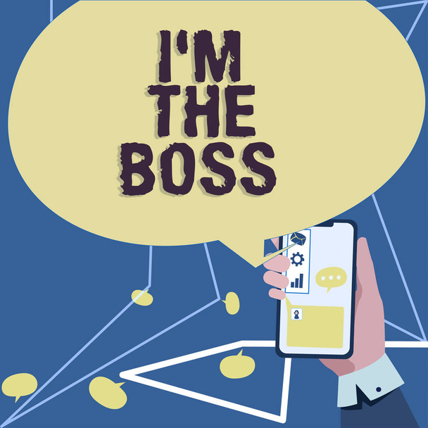 I M The Boss, Business Showcase yazan bir metin. Bir iş ya da belirli bir durum hakkında emir veren kişi ol. Sohbet ve Sosyal Medya 'yı temsil eden düşünce balonları.. - Fotoğraf, Görsel