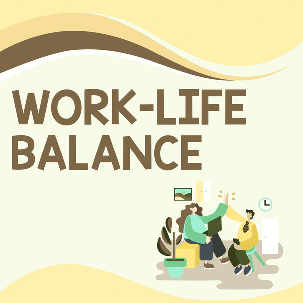 Podpis koncepcyjny Praca Życie Równowaga, Pomysł na biznes Podział czasu między pracą lub rodziną a rozrywką Bańka mowy z ważnymi informacjami umieszczonymi przed siecią. - Zdjęcie, obraz