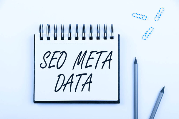 Affichage conceptuel Seo Meta Data, Business showcase Optimisation des moteurs de recherche Stratégie marketing en ligne Verre magnétique avec des annonces importantes placées sur le sol. - Photo, image