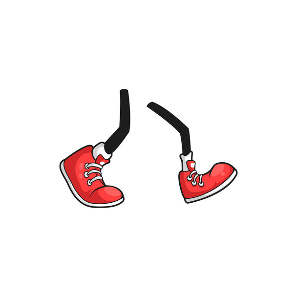 Прогулянкові ноги персонажа, комічні ноги в червоному спортивному взутті ізольовані плоскі значки мультфільму. Векторне комічне спортивне взуття, повсякденні молодіжні кінцівки в чоботях. Кросівки тренери з гумовим носком, сучасні підліткові фігуристи
 - Вектор, зображення