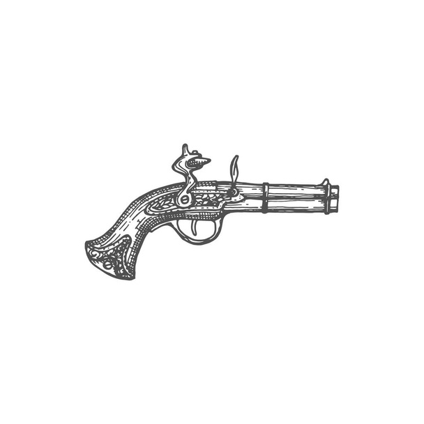 Мушкетова зброя піратів ізольована монохромна іконка ескізу. Векторна стародавня рушнична гвинтівка з порохом і спусковим гачком, середньовічна вогнепальна антикварна рушниця, вогнепальна гвинтівка, арсенал зброї
 - Вектор, зображення