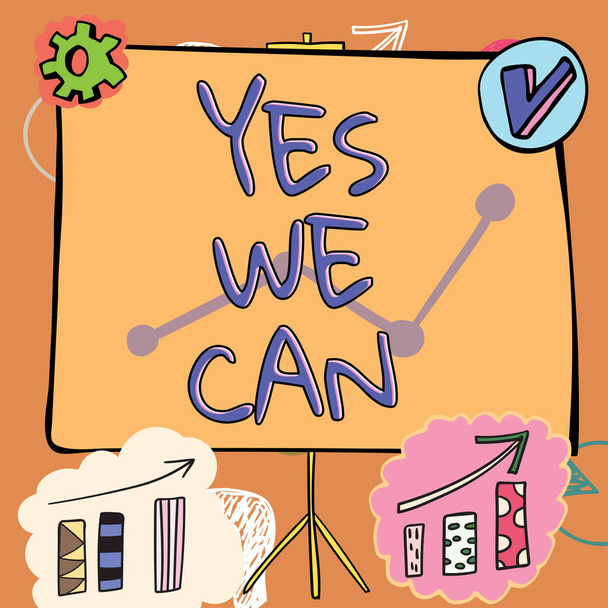 Textzeichen, die Yes We Can zeigen, Worte, die über Motivation geschrieben werden, etwas zu tun, haben genug Kraft, um weiterzumachen Gedankenblasen, die Chat und soziale Netzwerke repräsentieren. - Foto, Bild