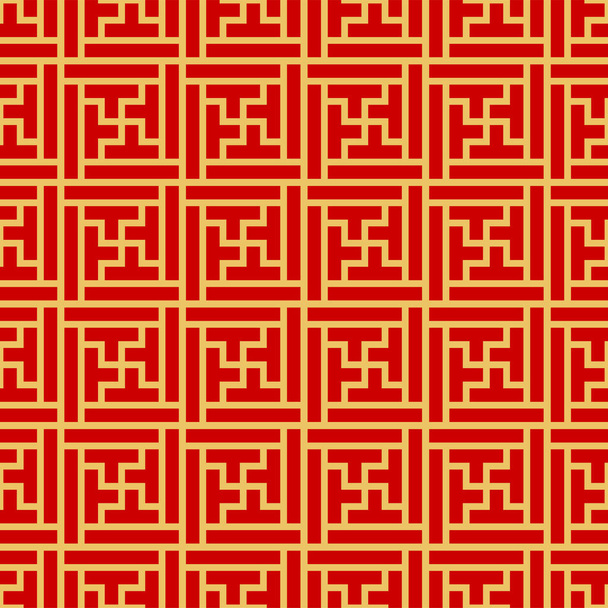 Oriental damask, Korean, chinese and japanese ornament traditional asian seamless pattern. Vector asian ornament in golden red colors, wallpaper textile design, baroque background endless texture - Vettoriali, immagini