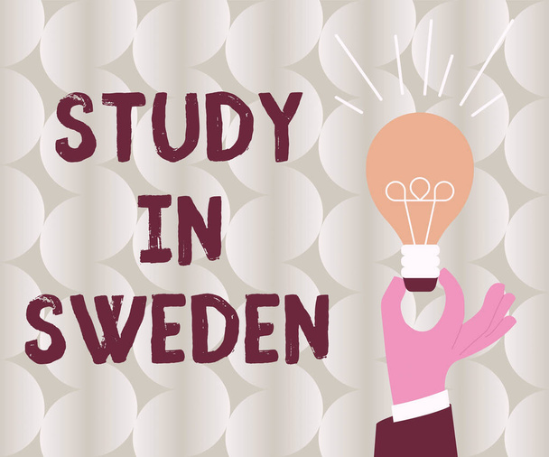 Kézírás szöveg tanulmány Svédországban, Üzleti megközelítés Utazás az európai országba oktatási célokra Férfi tollal rámutatva Power Button szimbólum Tartalmazza az adatokat. - Fotó, kép