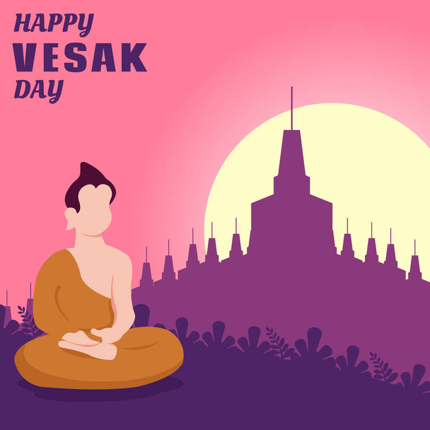 illustration vector graphic of a monk meditating in the temple grounds, perfect for religion, holiday, culture, vesak day, tradition, greeting card, etc. - Vector, Imagen