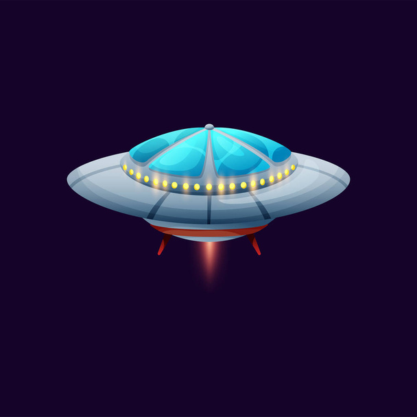 Sci fi spacecraft invader spaceship intergalactic flying extraterrestrial alien ship with dome abd glowing flame isolated. Vector unknown flying object cartoon craft animation game design element - Vettoriali, immagini