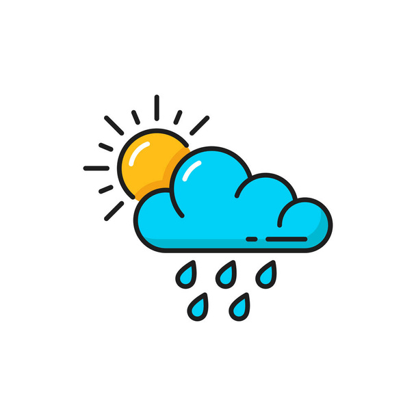 Weather forecast, cloud, rain and sun icon, vector color outline symbol. Rainy day weather forecast of overcast with heavy showers and cold drizzle - Vektör, Görsel