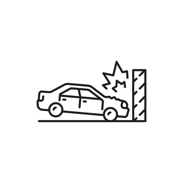 Car crash, collision or damage line icon. Car collision on road thin line vector icon. Drunk driving and safety pictogram, automobile damage, traffic rules violation symbol with car crashing in wall - Vektor, Bild