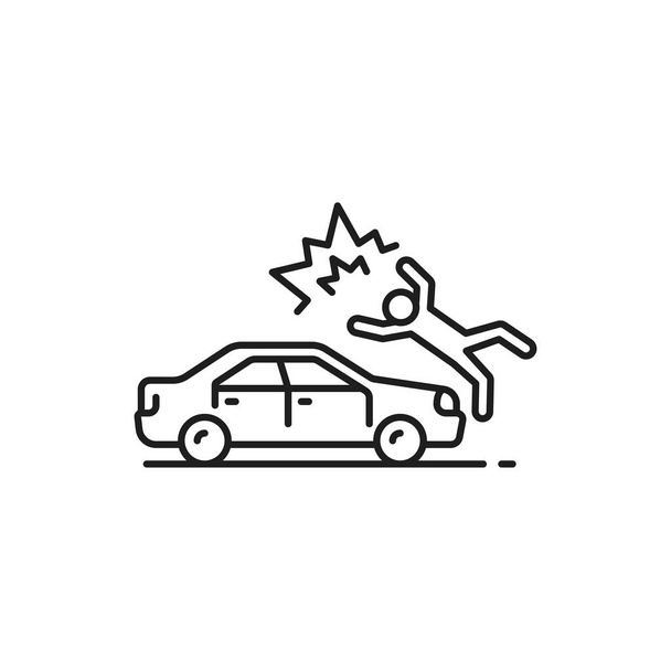 Автокатастрофа или дорожное столкновение с иконкой тонкой линии пешехода. ДТП, пиктограмма безопасности автомобиля или векторный знак. Повреждение автомобиля в результате аварии, символ нарушения с человеческим ударом автомобилем - Вектор,изображение