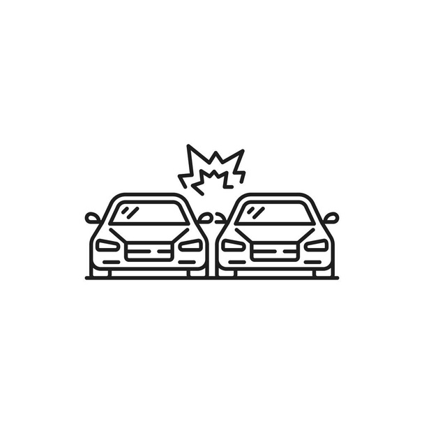 Car crash, damage or road accident thin line icon. Car driving safety, vehicle damage in accident or violation outline sign. Automobile collision on road line vector pictogram with two cars crashing - Vetor, Imagem